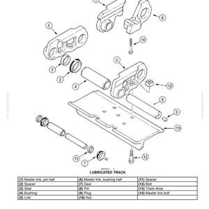 May include: An exploded view diagram of a track chain, showing various components like master links, spacers, seals, bushings, and track shoes. The diagram is labeled with part numbers and names for easy identification.