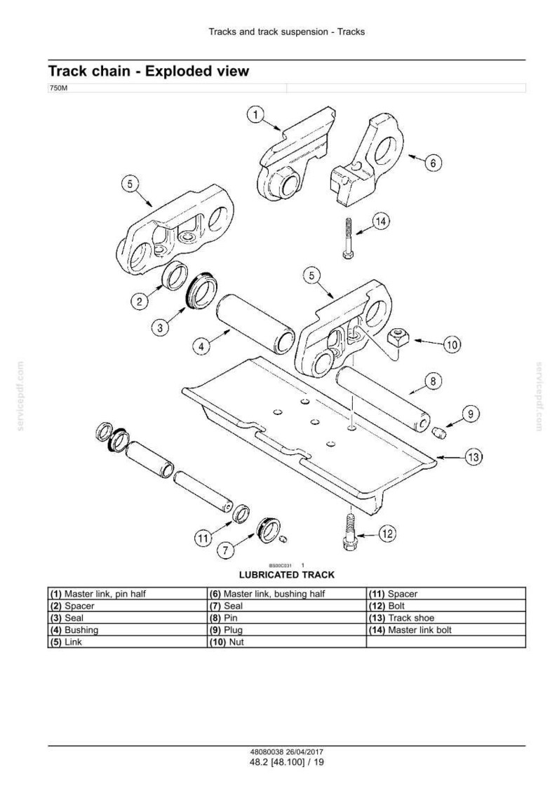 May include: An exploded view diagram of a track chain, showing various components like master links, spacers, seals, bushings, and track shoes. The diagram is labeled with part numbers and names for easy identification.