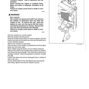 May include: Diagram of a radiator with numbered components: cap (1), drain plug (2), radiator (3), and tank (4). Instructions on radiator maintenance are included, with warnings about inhalation and burn hazards.