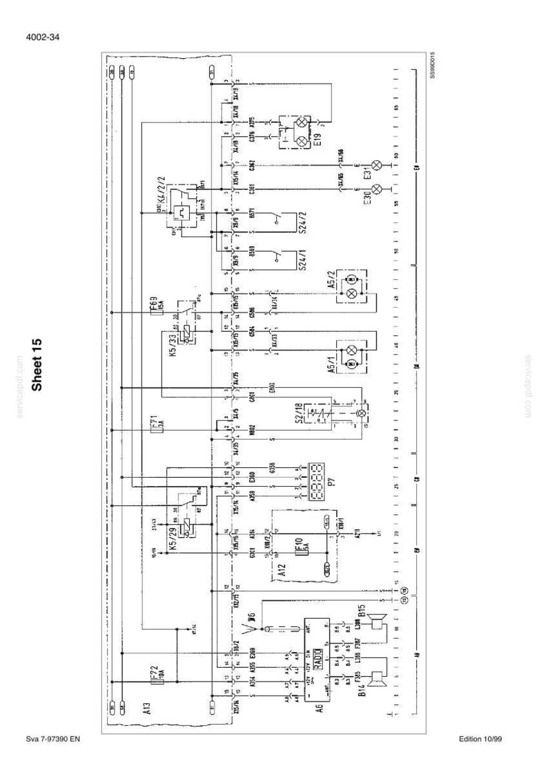 Puede incluir: Diagrama esquem&aacute;tico en blanco y negro con s&iacute;mbolos el&eacute;ctricos y etiquetas de componentes. Incluye texto como "Sheet 15", "Edition 10/99" y "Sva 7-97390 EN". Ilustraci&oacute;n t&eacute;cnica.