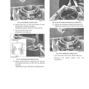 May include: A grayscale technical diagram from a manual, detailing the disassembly and assembly of a travel system. The image includes close-up shots of mechanical components, diagrams, and text instructions. The text includes tightening torque measurements in Newton meters and pound-feet.