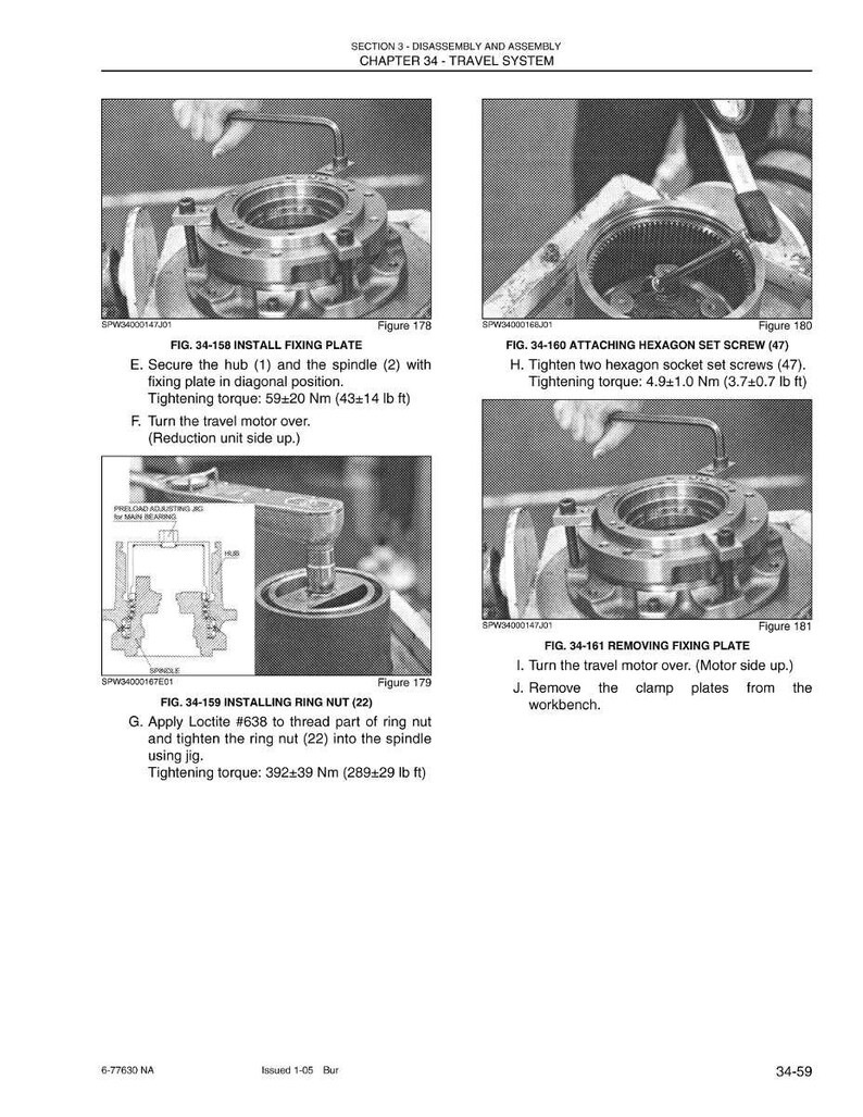 May include: A grayscale technical diagram from a manual, detailing the disassembly and assembly of a travel system. The image includes close-up shots of mechanical components, diagrams, and text instructions. The text includes tightening torque measurements in Newton meters and pound-feet.