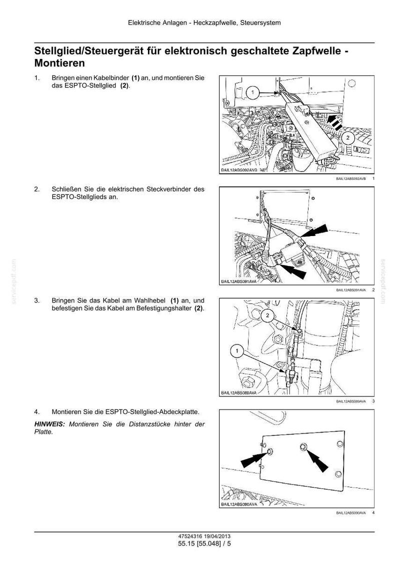 May include: A technical manual page titled Stellglied/Steuerger&auml;t f&uuml;r elektronisch geschaltete Zapfwelle - Montieren, featuring four black and white line drawings illustrating the installation steps for an electronic power take-off control unit.