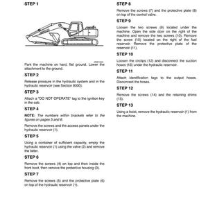 Puede incluir: Diagrama de los pasos para retirar el dep&oacute;sito hidr&aacute;ulico de una m&aacute;quina. Las instrucciones incluyen liberar la presi&oacute;n, colocar una etiqueta de "NO OPERAR" y quitar tornillos y placas. Texto: "HYDRAULIC RESERVOIR" y "Removal".