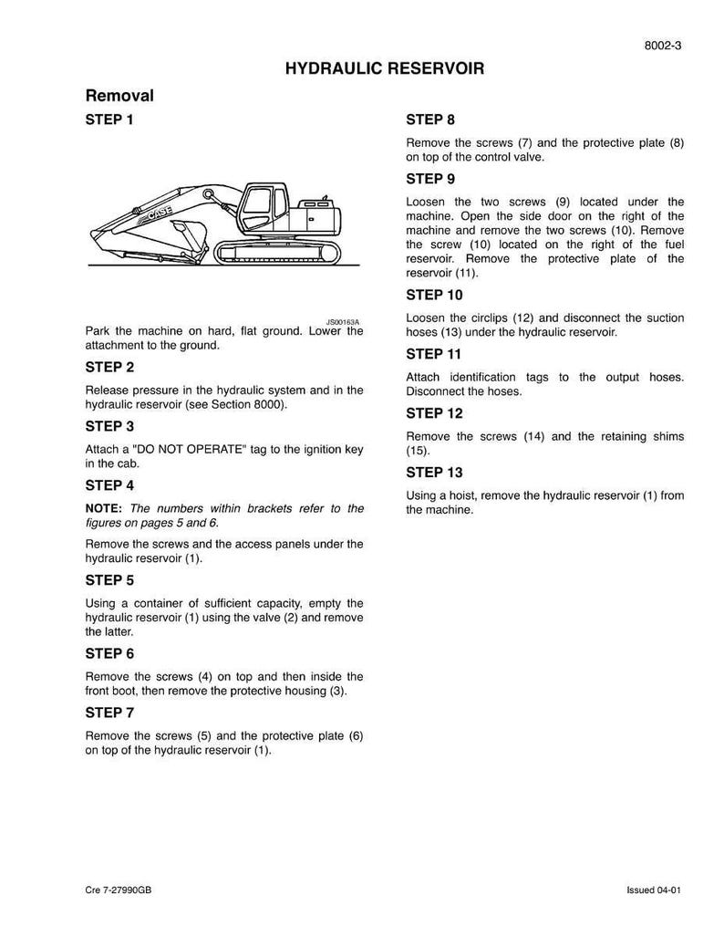 Puede incluir: Diagrama de los pasos para retirar el dep&oacute;sito hidr&aacute;ulico de una m&aacute;quina. Las instrucciones incluyen liberar la presi&oacute;n, colocar una etiqueta de "NO OPERAR" y quitar tornillos y placas. Texto: "HYDRAULIC RESERVOIR" y "Removal".