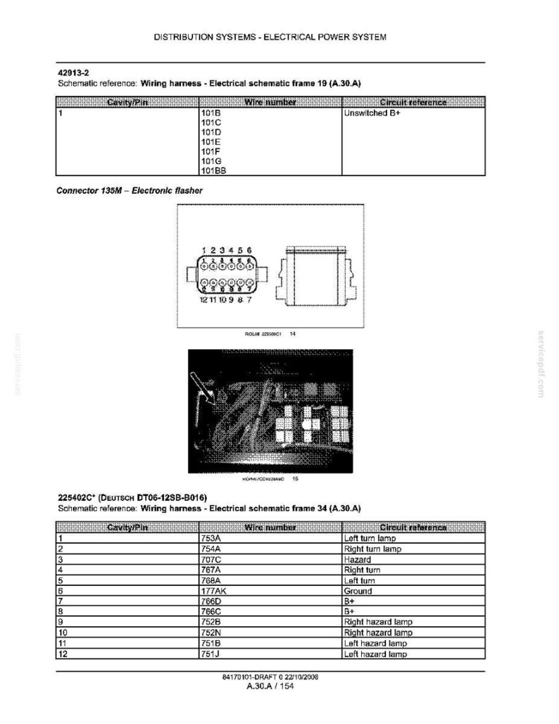 May include: Diagram of an electrical power system, including wiring harness schematics and connector diagrams. The image includes tables with cavity/pin, wire number, and circuit reference information. Text includes "DISTRIBUTION SYSTEMS - ELECTRICAL POWER SYSTEM".