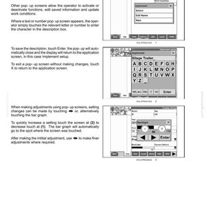 May include: A technical manual page titled 3-CONTROLS AND INSTRUMENTS featuring instructions for Pop-up screens on color display. It includes three black and white diagrams showing interface menus, text entry keyboards, and backlight adjustment settings.