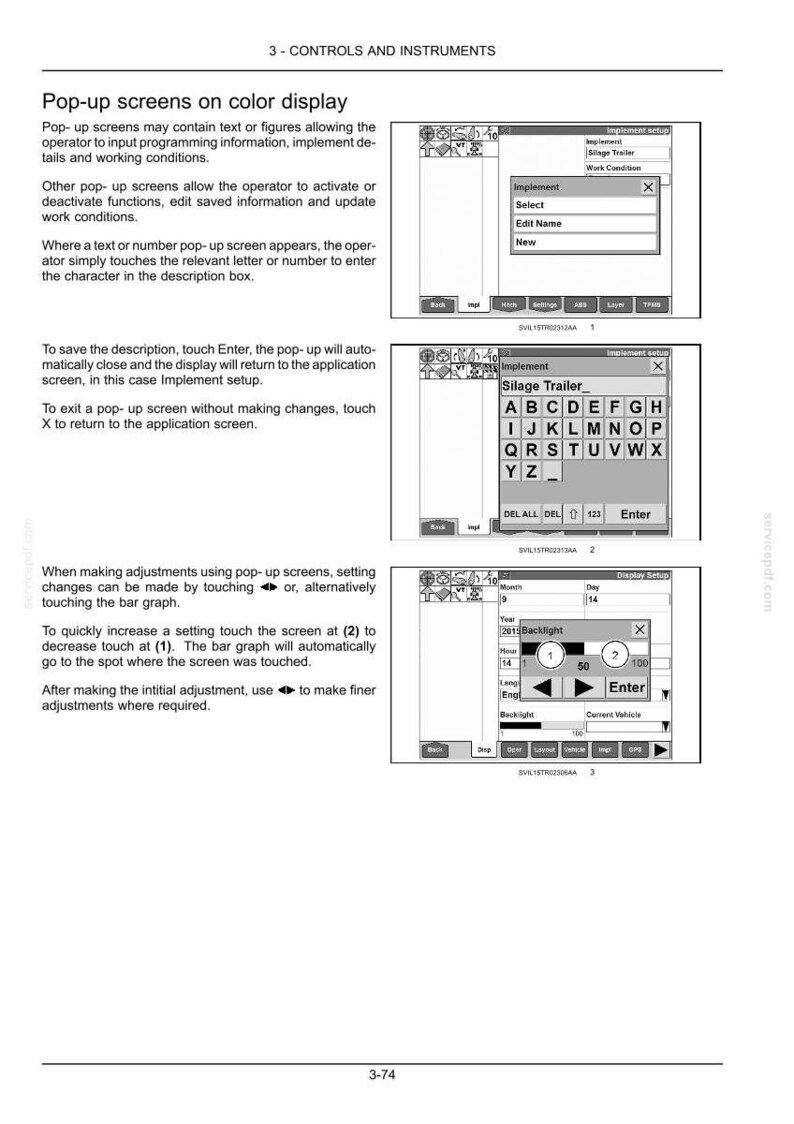 May include: A technical manual page titled 3-CONTROLS AND INSTRUMENTS featuring instructions for Pop-up screens on color display. It includes three black and white diagrams showing interface menus, text entry keyboards, and backlight adjustment settings.