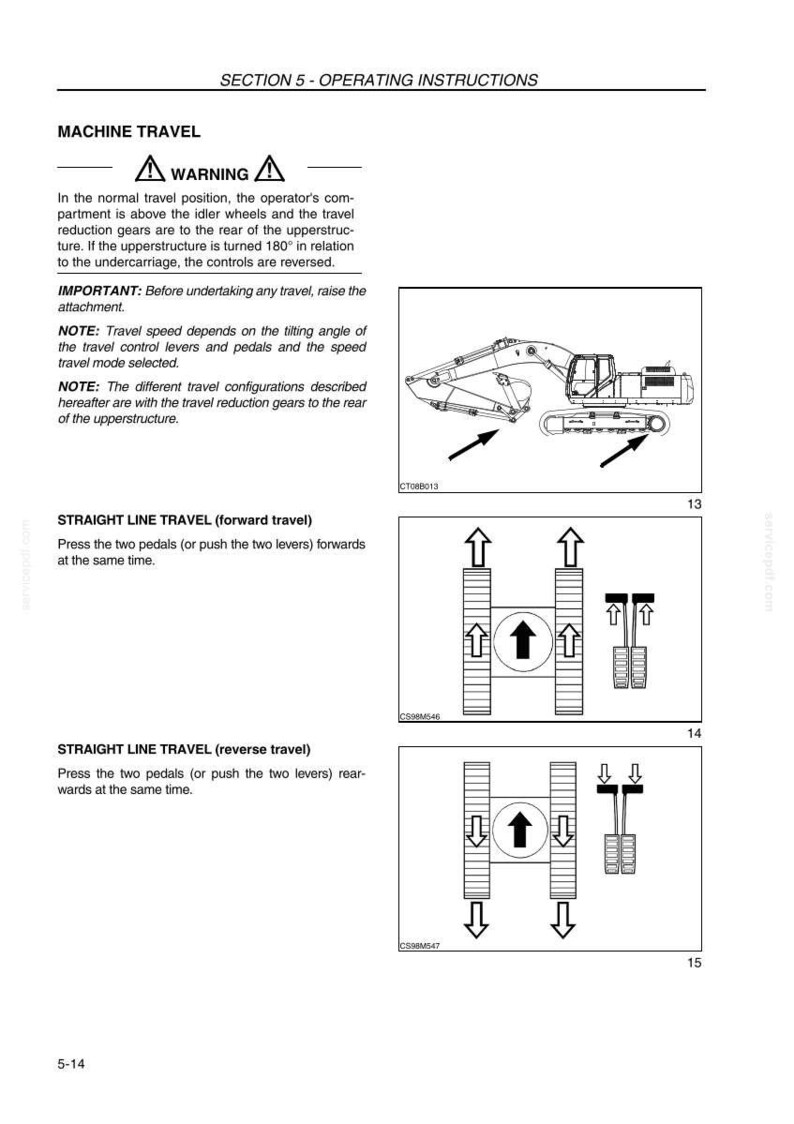 May include: Diagram of an excavator with arrows indicating travel direction. Instructions for straight line travel, forward and reverse, are shown with pedal diagrams. Text includes warnings and operating instructions.