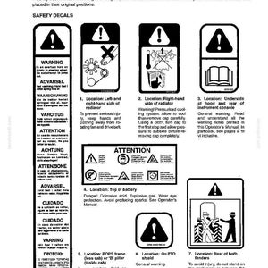 Pu&ograve; includere: Una pagina di documento tecnico intitolata Safety Decals che presenta sette icone di avvertimento numerate in bianco e nero e istruzioni per macchinari New Holland, inclusi avvisi su ribaltamento, ventole del radiatore e rischi batteria.