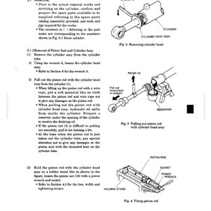 May include: A technical manual page titled 3. REMOVAL AND INSTALLATION featuring three black and white line drawings. Fig. 2 shows a wrench loosening a cylinder head. Fig. 3 illustrates pulling out a piston rod. Fig. 4 shows fixing a piston rod.