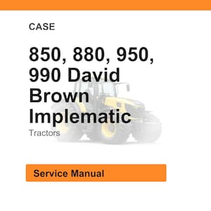 May include: A white background with an orange header and footer. The text reads "CASE" and lists tractor models 850, 880, 950, and 990 David Brown Implematic Tractors. A yellow tractor is in the background. The text "Service Manual" is in an orange box.