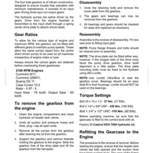 May include: Technical document page detailing pump drive gearbox specifications, disassembly, reassembly, torque settings, and refitting instructions. Includes engine models, gear ratios, and bolt torque values in ft/lb and Nm.