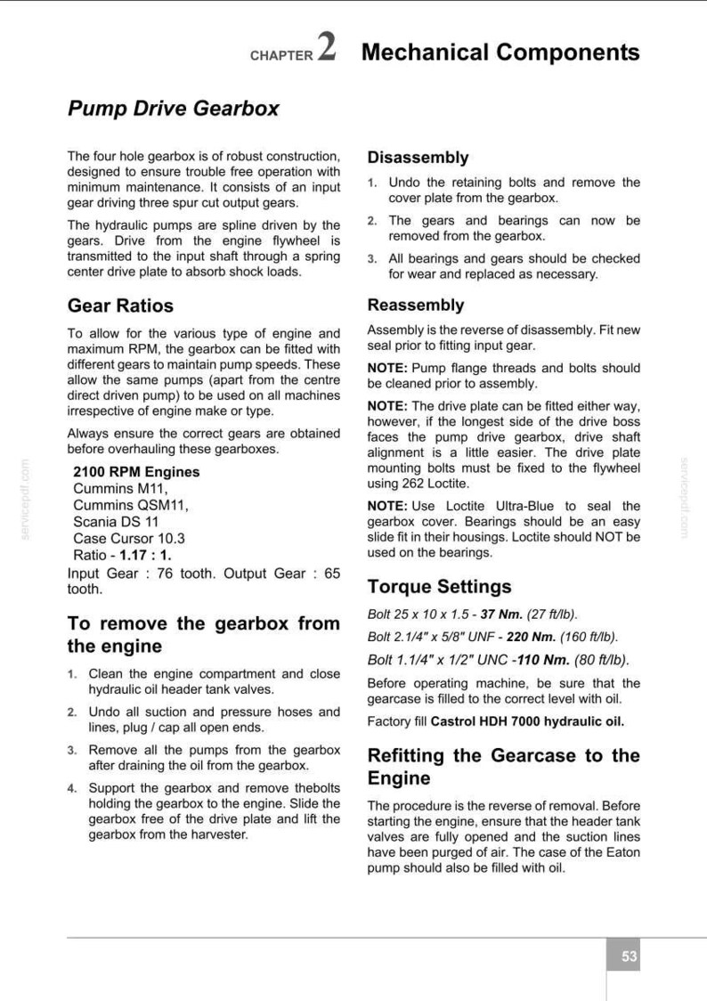 May include: Technical document page detailing pump drive gearbox specifications, disassembly, reassembly, torque settings, and refitting instructions. Includes engine models, gear ratios, and bolt torque values in ft/lb and Nm.