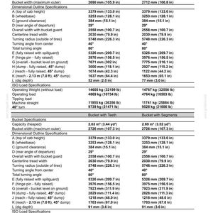 May include: A detailed specification sheet for a 721G Z-Bar, including bucket specifications, dimensional outlines, and ISO load specifications. Measurements are in inches and pounds.