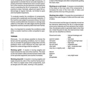 May include: A page from a manual detailing undercarriage components and wear patterns. The text includes sections on generalities, terrain, and the effects of working uphill and downhill. The document also lists materials and their abrasive properties.