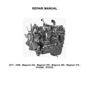 Puede incluir: Un manual de reparaci&oacute;n con el logotipo de Case IH. El manual incluye una imagen de un motor. El texto en el manual incluye "REPAIR MANUAL" y los n&uacute;meros de modelo del motor: 2377, 2388, Magnum 225, 250, 280, 310, STX280, STX330.
