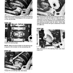 May include: Black and white technical diagram with instructions for engine repair. Steps include cleaning, checking clearances, installing parts, and adding lubrication. Text includes torque specifications in lb ft and Nm.