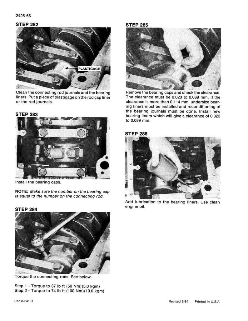 May include: Black and white technical diagram with instructions for engine repair. Steps include cleaning, checking clearances, installing parts, and adding lubrication. Text includes torque specifications in lb ft and Nm.