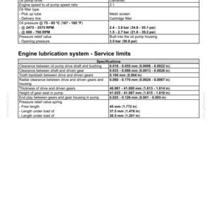May include: A detailed technical document about an engine lubrication system, featuring specifications and service limits. Includes measurements in inches, such as 0.0006-0.0022 in for clearance and 1.613-1.614 in for thickness.