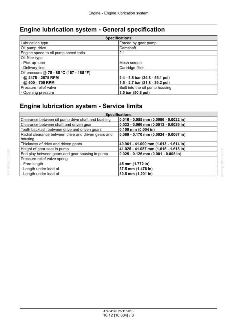 May include: A detailed technical document about an engine lubrication system, featuring specifications and service limits. Includes measurements in inches, such as 0.0006-0.0022 in for clearance and 1.613-1.614 in for thickness.