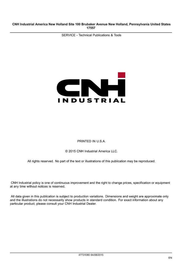 May include: White document with the black and red CNH Industrial logo. The text includes the company address, "SERVICE - Technical Publications & Tools," and copyright information. The document is printed in the U.S.A.