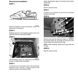 May include: Technical diagram detailing the removal and installation of a travel pedal block. The image shows an excavator diagram, battery disconnection steps, and hydraulic system maintenance instructions. Text includes steps 1-9.