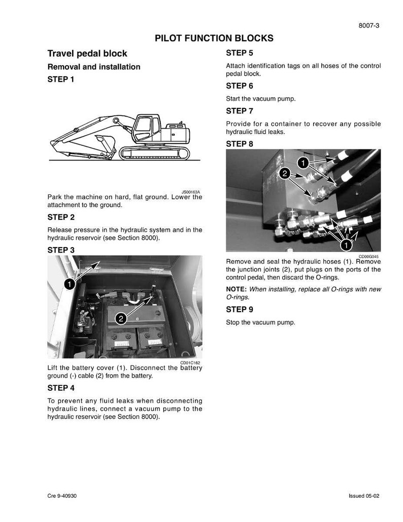 May include: Technical diagram detailing the removal and installation of a travel pedal block. The image shows an excavator diagram, battery disconnection steps, and hydraulic system maintenance instructions. Text includes steps 1-9.