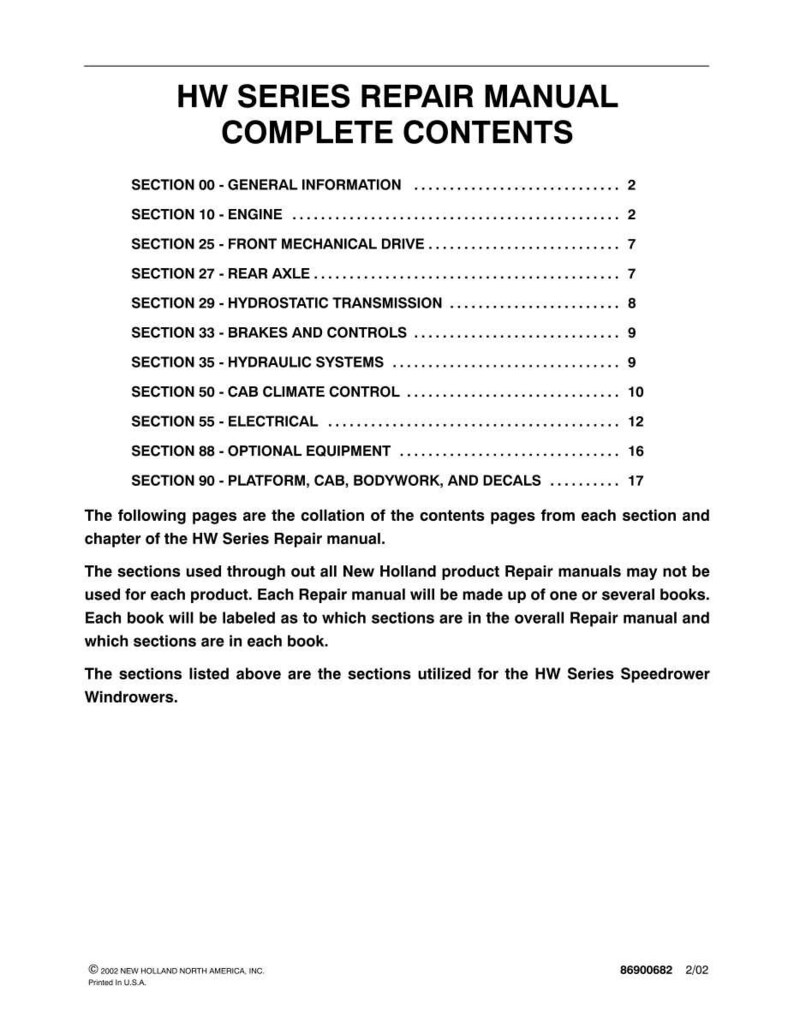 以下が含まれることがあります： HW SERIES REPAIR MANUAL COMPLETE CONTENTSと題された白黒の文書。セクション00から90までが記載されており、HWシリーズSpeedrower Windrowersのエンジン、アクスル、トランスミッション、電気系統などが含まれています。2002年の著作権表示があります。