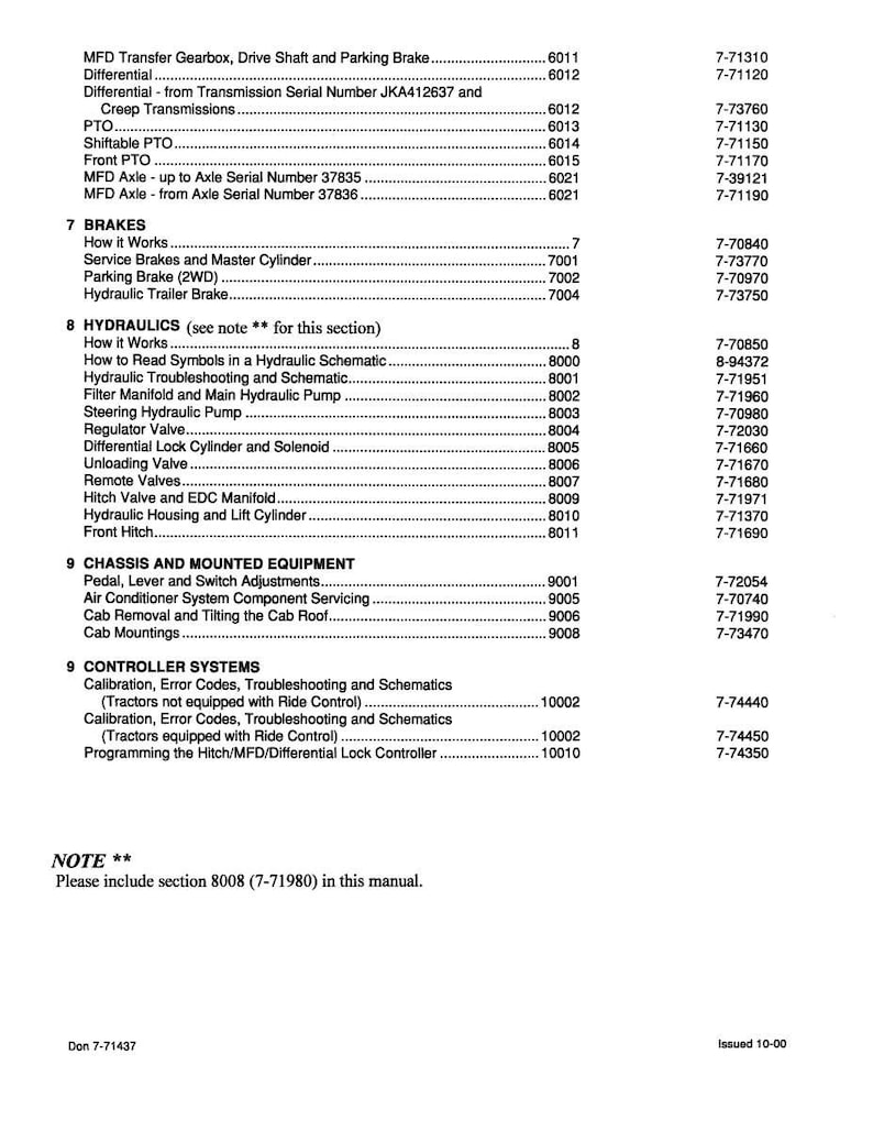 May include: A detailed technical manual page with various sections including brakes, hydraulics, and chassis components. The page features a list of items with corresponding numbers and codes, and a note to include section 8008.
