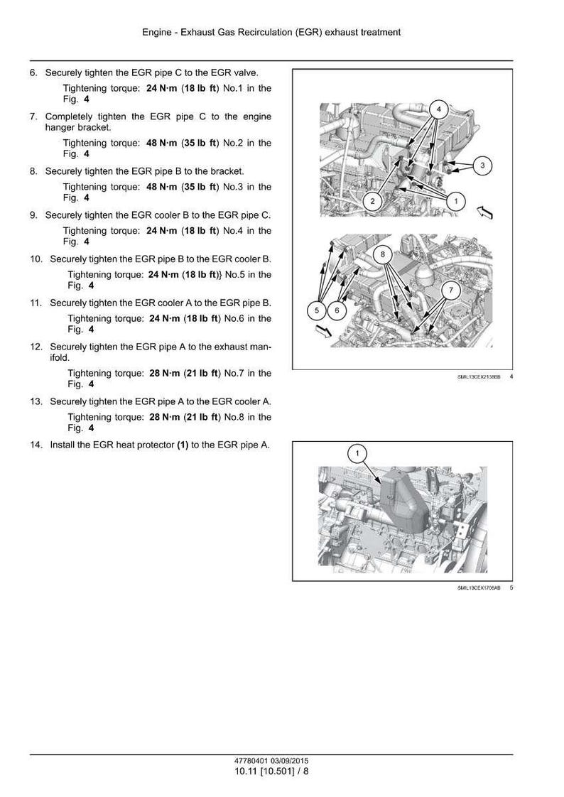 May include: Diagram of an engine's exhaust gas recirculation (EGR) system, with numbered components and tightening torque specifications in Newton-meters (N-m) and pound-feet (lb ft). Includes illustrations of the EGR system.
