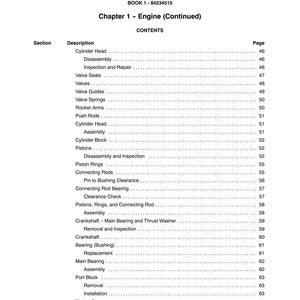 May include: A page from a manual titled "SECTION 10 - ENGINE" with a table of contents for engine components. The table lists items like Cylinder Head, Valves, Pistons, and Crankshaft, with corresponding page numbers. The book's number is 84234515.