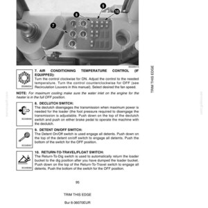 May include: A detailed diagram of a side console with various control switches and buttons. The image includes labels for air conditioning, temperature control, and other operational functions. The text provides instructions for operating the controls.