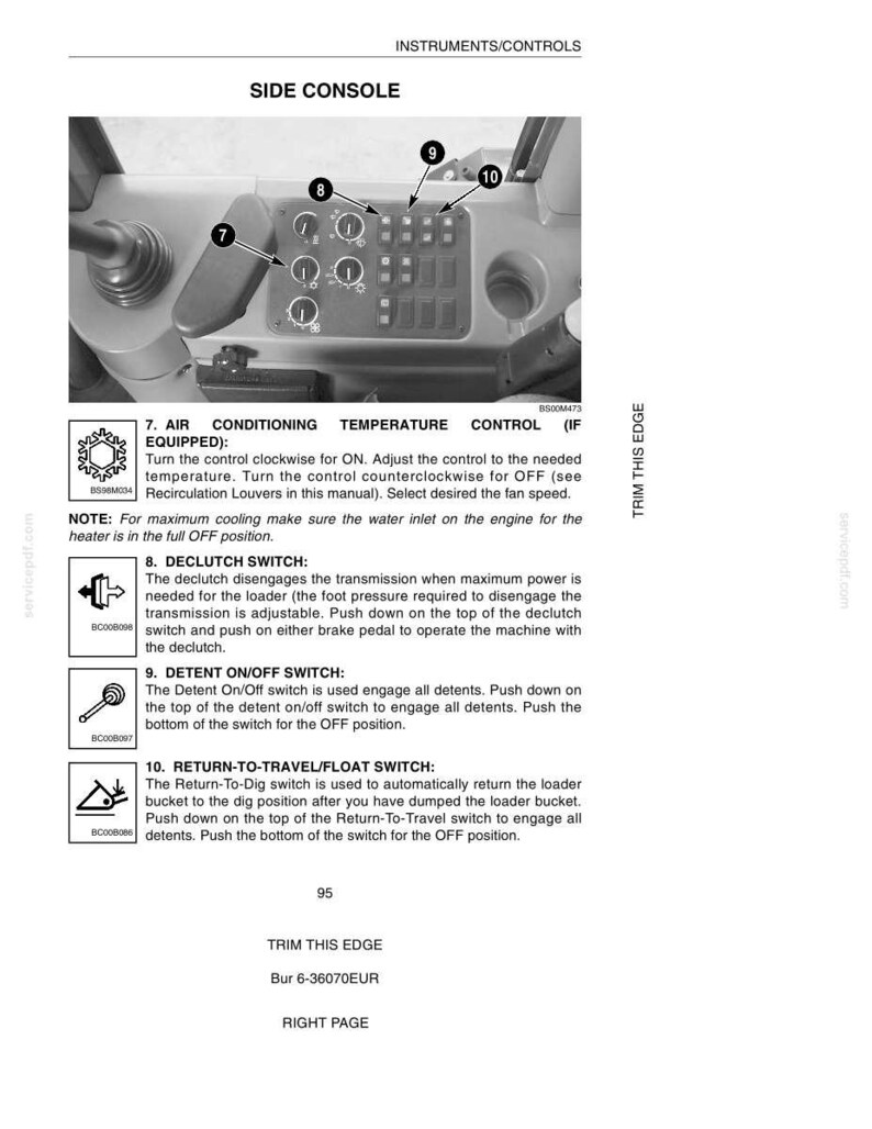May include: A detailed diagram of a side console with various control switches and buttons. The image includes labels for air conditioning, temperature control, and other operational functions. The text provides instructions for operating the controls.