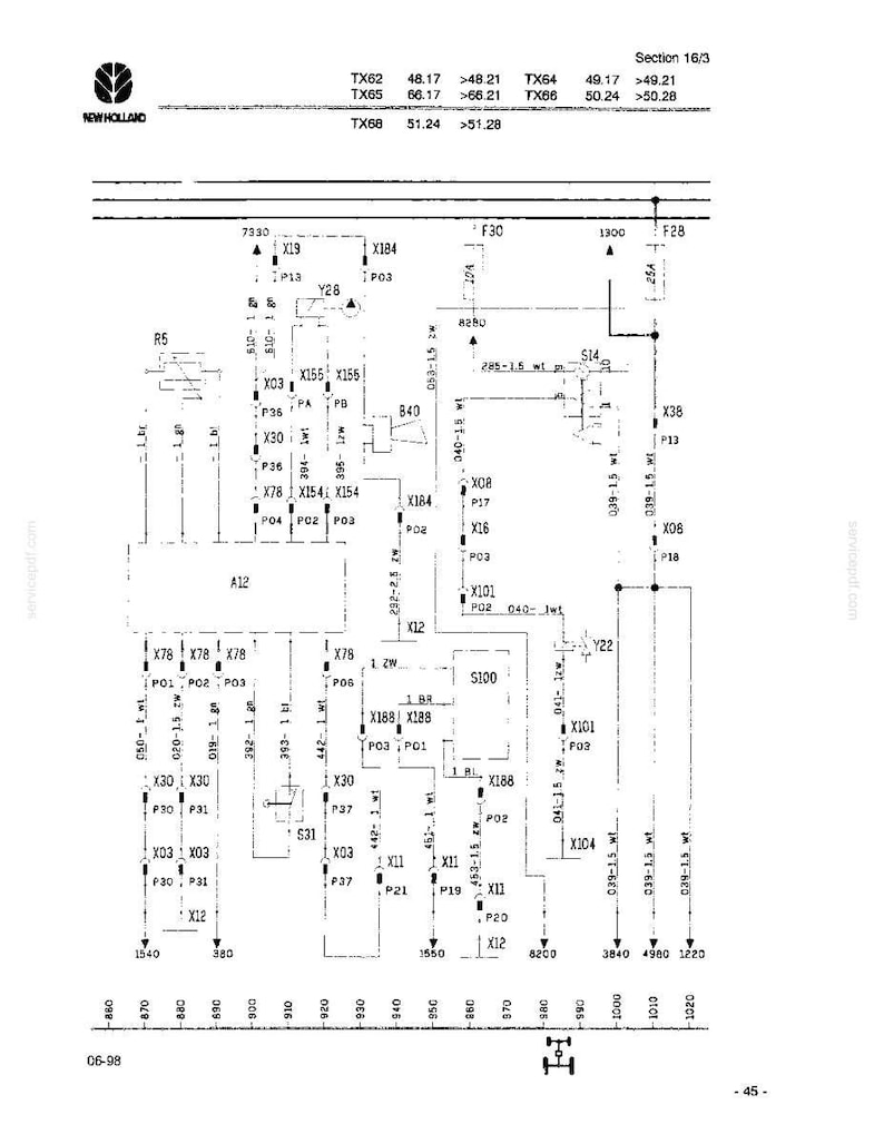 May include: A technical electrical schematic diagram for New Holland machinery, specifically Section 16/3 for models TX62, TX64, TX65, TX66, and TX68. The black and white document displays complex wiring paths, numbered connection points, and component labels.