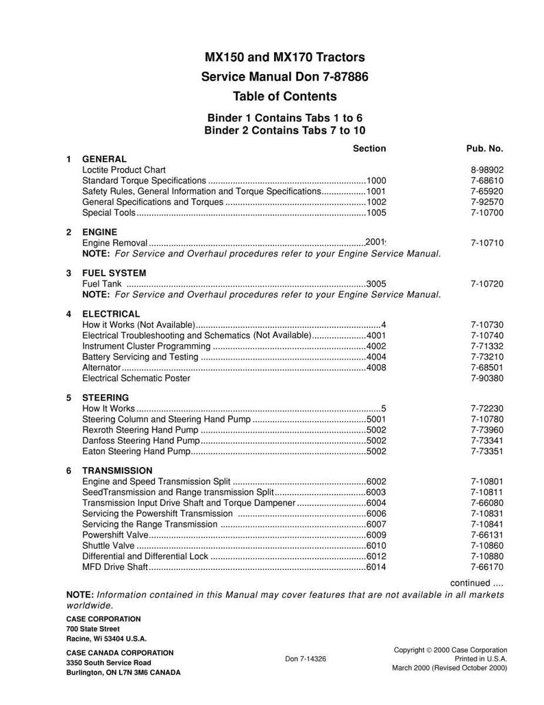 Puede incluir: Manual de servicio para tractores MX150 y MX170. La tabla de contenidos enumera secciones sobre informaci&oacute;n general, motor, sistema de combustible, electricidad, direcci&oacute;n y transmisi&oacute;n. Publicado por Case Corporation.