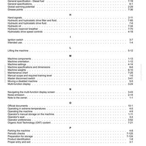 May include: A detailed page from a manual, featuring a table of contents with various technical terms and page numbers. The text is black on a white background, organized in sections with headings like "General" and "Hydraulic".