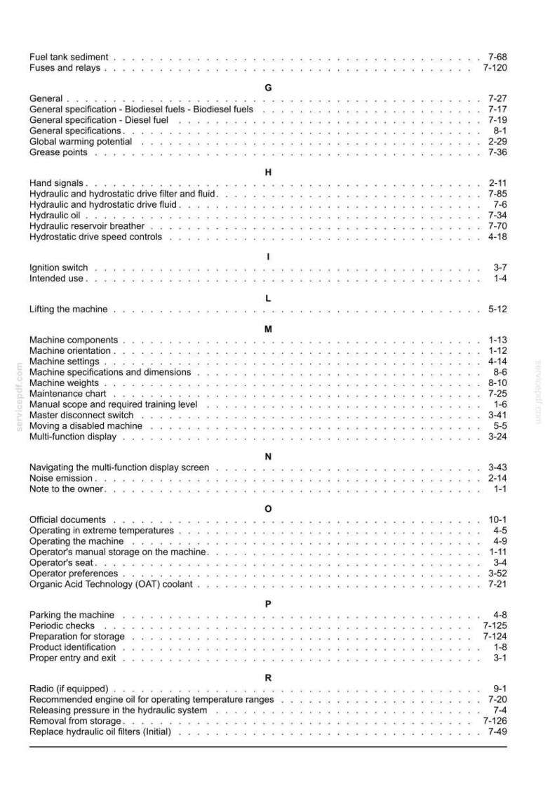 May include: A detailed page from a manual, featuring a table of contents with various technical terms and page numbers. The text is black on a white background, organized in sections with headings like "General" and "Hydraulic".