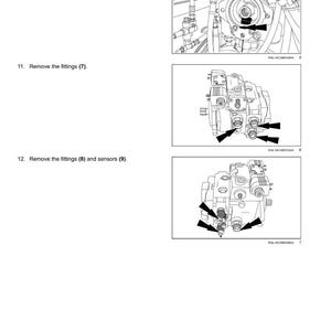 May include: Diagram of hydrostatic drive pump and motor components. Instructions include checking the O-ring, removing fittings, and removing fittings and sensors. Text includes "Hydrostatic drive - Pump and motor components".