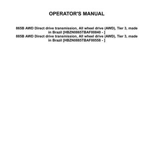 May include: White document with the "CASE CONSTRUCTION" logo and the text "OPERATOR'S MANUAL". Includes specifications for 865B and 885B AWD direct drive transmissions, made in Brazil.