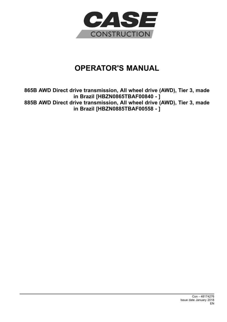 May include: White document with the "CASE CONSTRUCTION" logo and the text "OPERATOR'S MANUAL". Includes specifications for 865B and 885B AWD direct drive transmissions, made in Brazil.