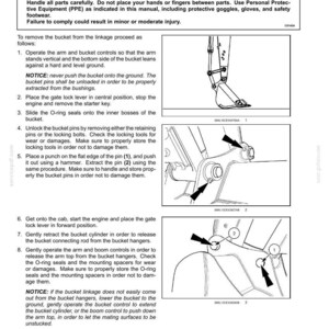 May include: Operating instructions for bucket replacement, with diagrams and safety warnings. Includes steps for removing and replacing the bucket, emphasizing safety precautions and proper handling of parts. Text includes "CAUTION" and "Avoid injury!"