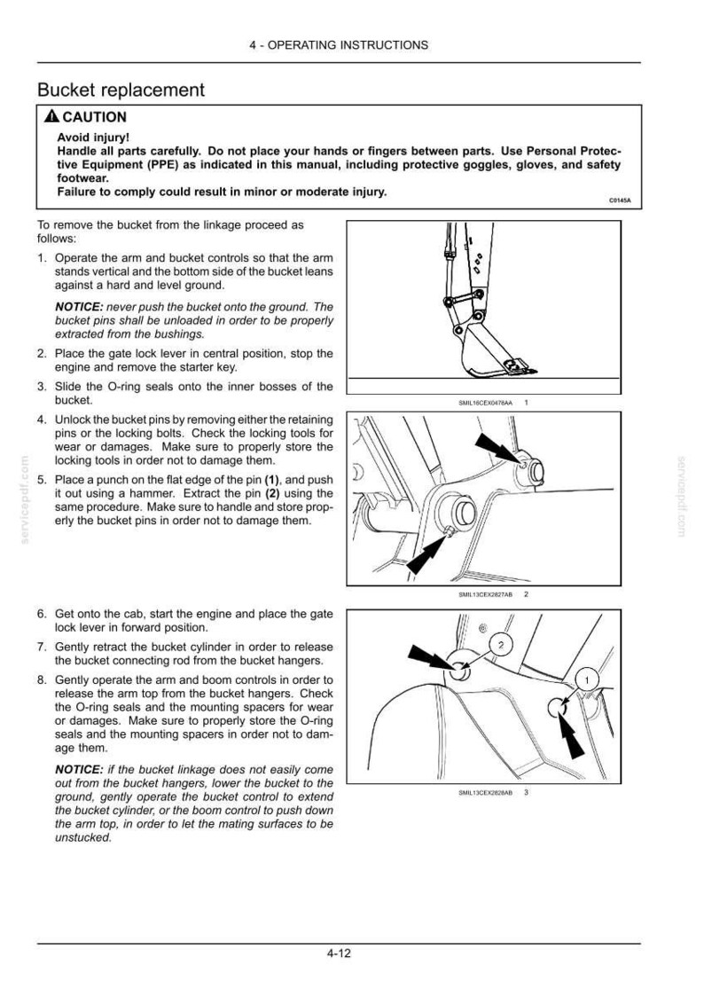 May include: Operating instructions for bucket replacement, with diagrams and safety warnings. Includes steps for removing and replacing the bucket, emphasizing safety precautions and proper handling of parts. Text includes "CAUTION" and "Avoid injury!"
