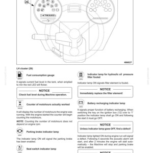 May include: Diagram of a machine control panel with gauges, indicator lights, and a steering wheel-like control. The panel displays information such as fuel levels, engine hours, and warning lights for various functions.