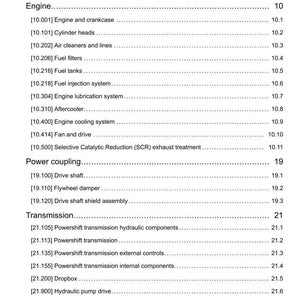 May include: A page from a manual titled "Contents" with a list of engine and transmission components. The text includes sections on engine, power coupling, transmission, and four-wheel drive systems.