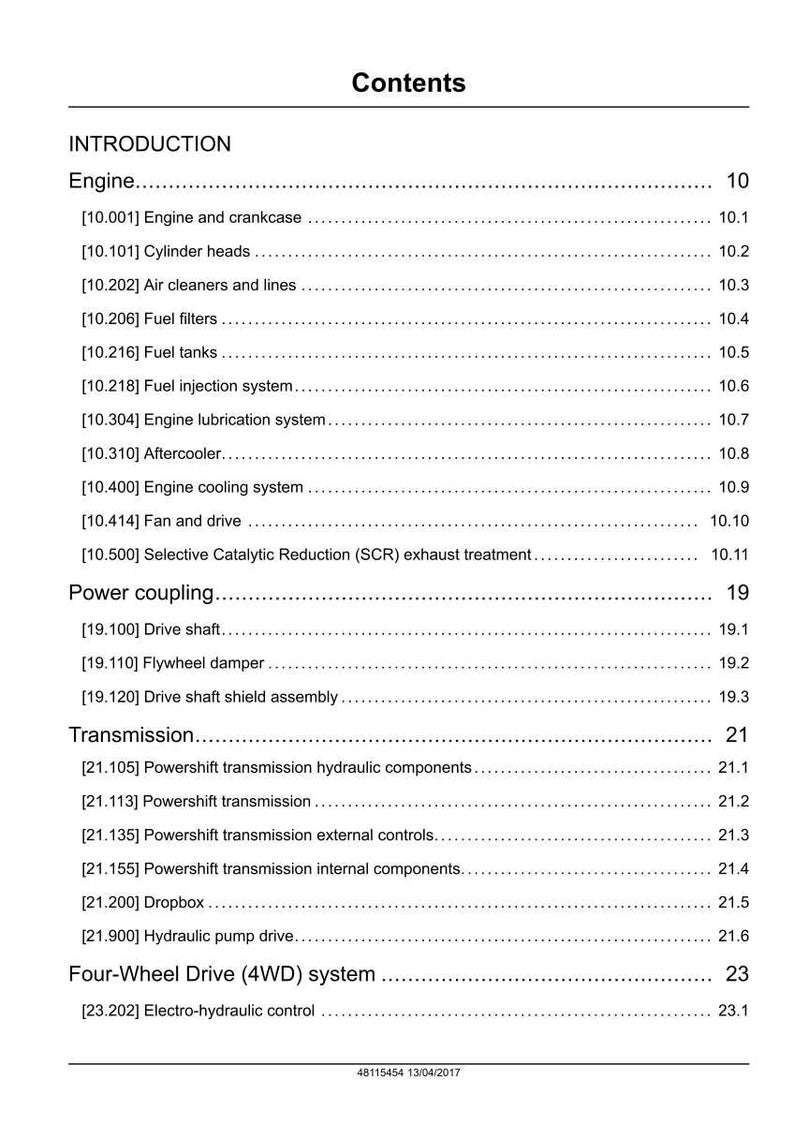 May include: A page from a manual titled "Contents" with a list of engine and transmission components. The text includes sections on engine, power coupling, transmission, and four-wheel drive systems.