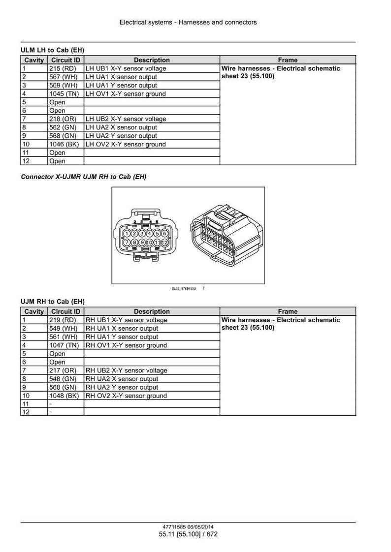 Op de afbeelding: Diagram van elektrische systemen, kabelbomen en connectoren. Bevat tabellen met details over holte, circuit-ID en beschrijving voor ULM LH to Cab (EH) en UJM RH to Cab (EH). Connector diagrammen zijn ook aanwezig.
