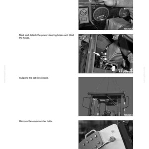 May include: A page from a service manual with black and white images illustrating vehicle repair steps. The images show removing parts, disconnecting connectors, and suspending a cab with a crane. Text includes instructions and part numbers.