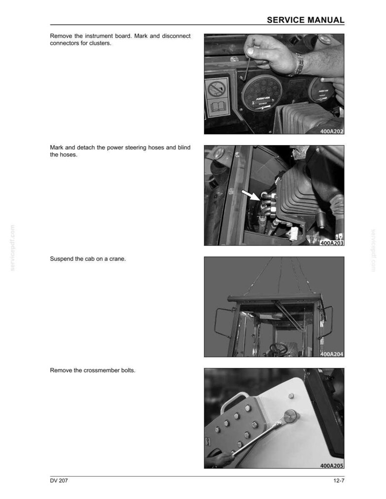 May include: A page from a service manual with black and white images illustrating vehicle repair steps. The images show removing parts, disconnecting connectors, and suspending a cab with a crane. Text includes instructions and part numbers.