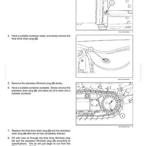 May include: Diagram of tracks and track suspension with instructions for draining and filling oil. Includes numbered steps and illustrations of plugs and components. Text includes "final drive" and "planetary".